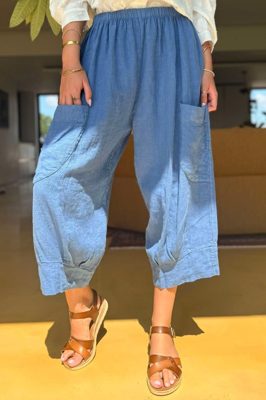 Made in Italy Pure Linen Classic 7/8 Pull On Pant Denim  